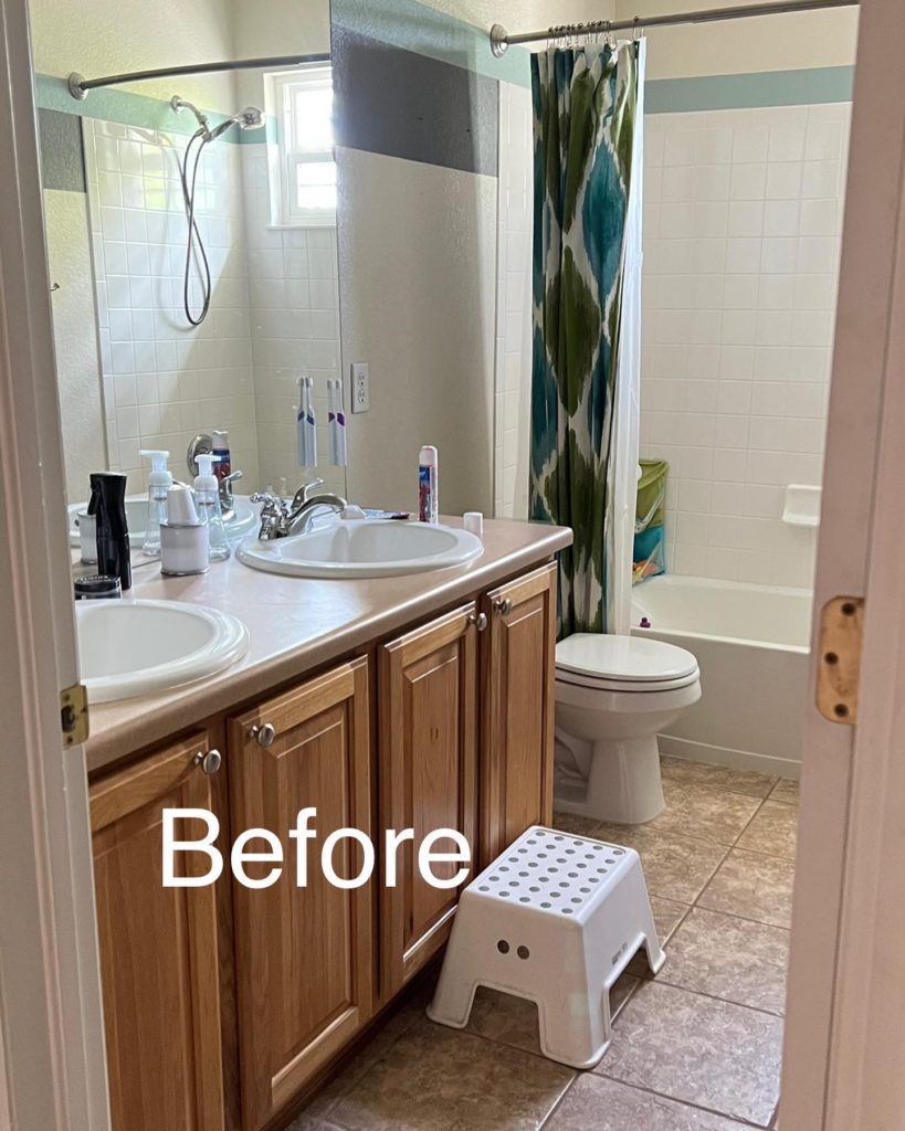bathroom before update, tan tile floors, honey oak cabinets, boring