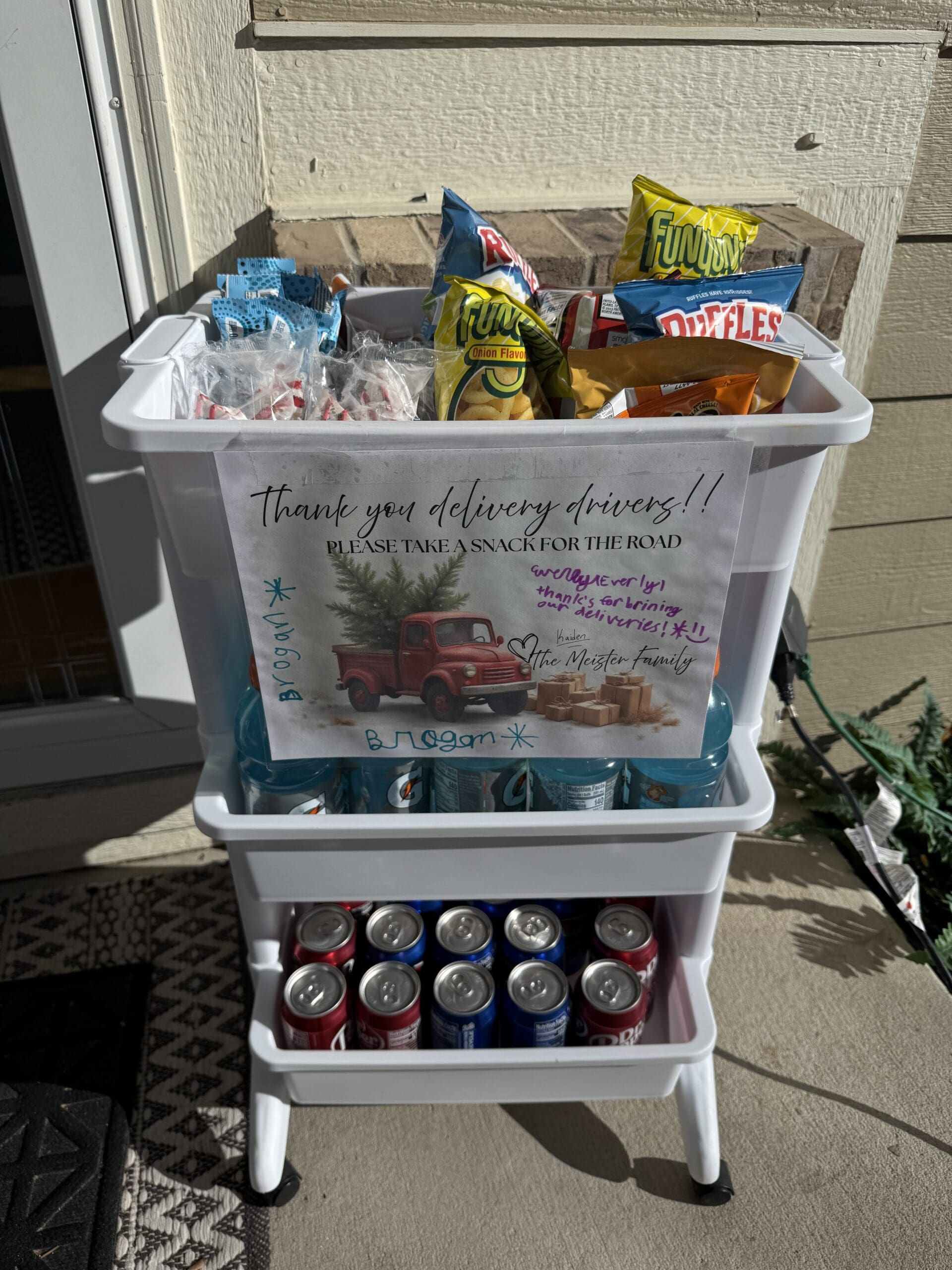 Rolling cart full of snacks and drinks for delivery drivers